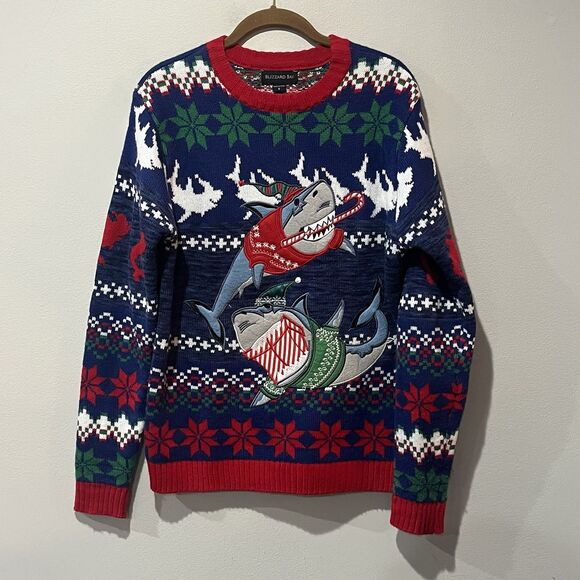 Blizzard Bay Christmas Sweater Men's Small Santa Sharks Fair Isle Holiday Ugly - Picture 1 of 8